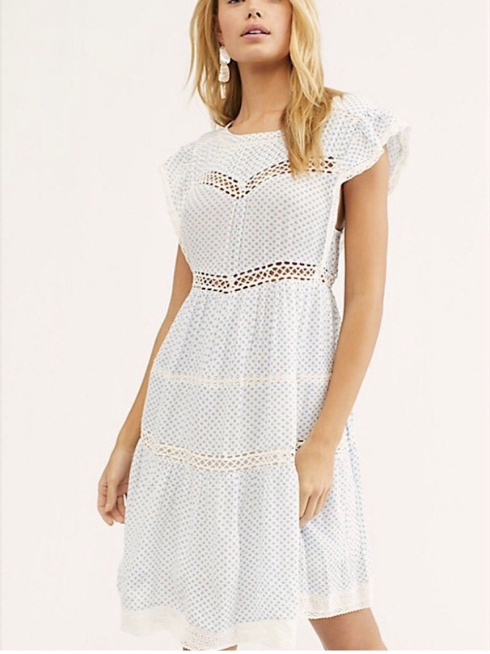 Free People retro kitty ditzy floral White Eyelet Mini Dress with Crochet Insets